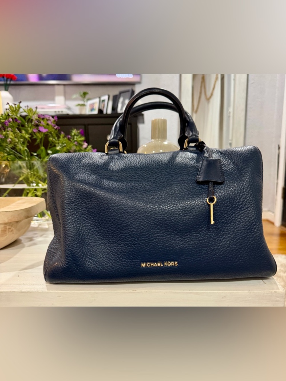 Michael Kors Navy Pebbled Leather Satchel with Gold Hardware